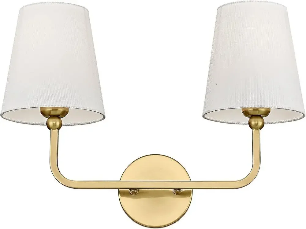 2-Light Brushed Gold Bathroom Vanity Light with White Fabric Shades